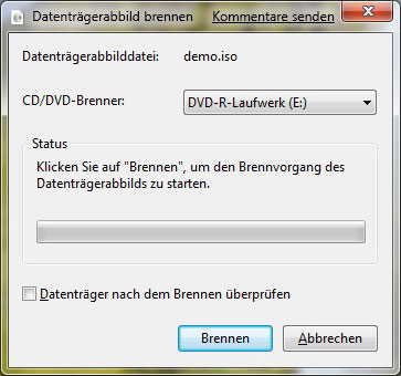 Der Dialog zum Brennen von ISO-Dateien